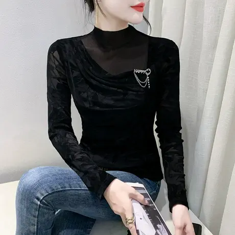 时尚个性字母拼接T恤女长袖性感网纱褶皱上衣洋气修身透气打底衫图片