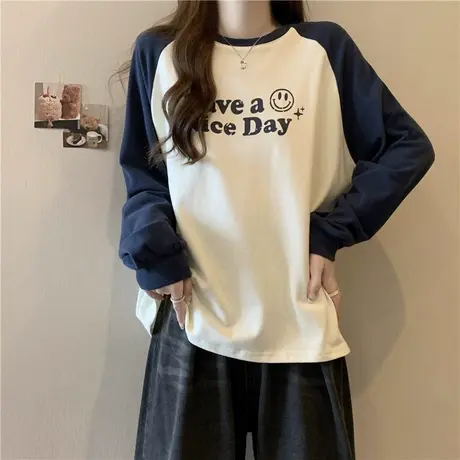 长袖T恤女春秋2023新款宽松显瘦撞色拼接插肩袖上衣内搭打底小衫商品大图