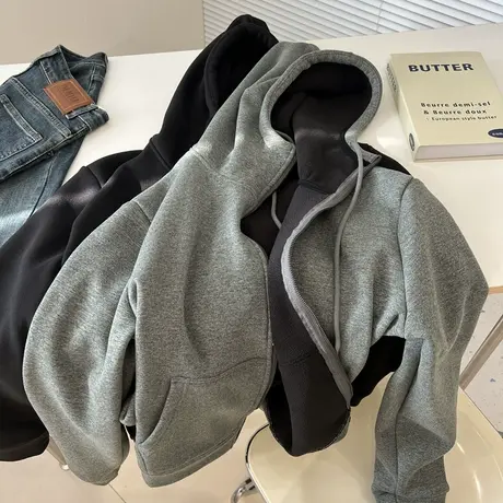 韩版灰色拉链开衫连帽卫衣外套女宽松加绒加厚秋冬季新款学生减龄商品大图