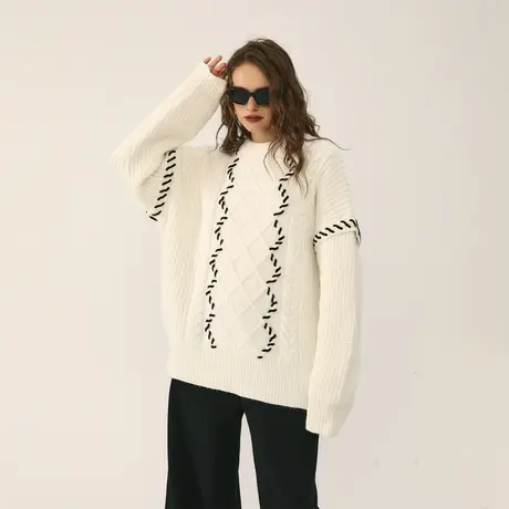 设计感圆领麻花毛衣女秋冬2023年新款美式复古宽松小众针织衫外套图片