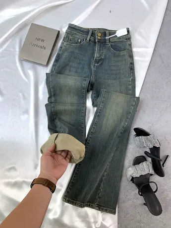 两粒扣加绒牛仔喇叭裤女2023秋冬新款显瘦百搭高腰加厚修身马蹄裤图片