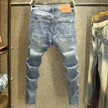 高端时尚水洗男士牛仔裤修身小直筒弹力裤子潮牌猫须潮流百搭长裤图片