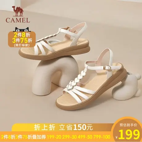 骆驼女鞋2023年夏季新款真皮一字带凉鞋女时尚露趾厚底时装凉鞋女图片