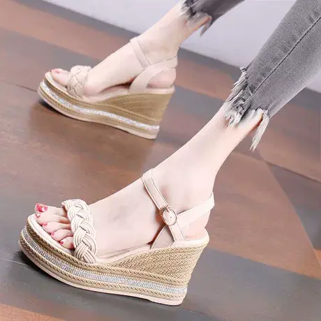 坡跟凉鞋女夏季2023新款编织仙女风厚底女鞋超高跟一字扣带百搭鞋商品大图