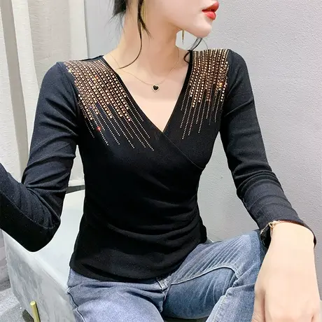 黑色网纱烫钻钉珠上衣性感褶皱V领T恤女长袖洋气修身百搭打底衫商品大图