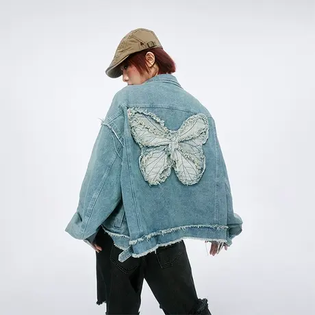 蝴蝶贴布绣牛仔外套女春秋2023新款ins潮牌毛边夹克复古宽松上衣商品大图
