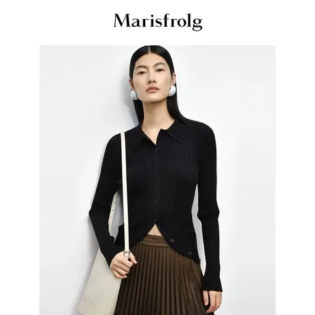 【商场同款】玛丝菲尔秋季新款黑色肌理感弧形下摆针织开衫商品大图