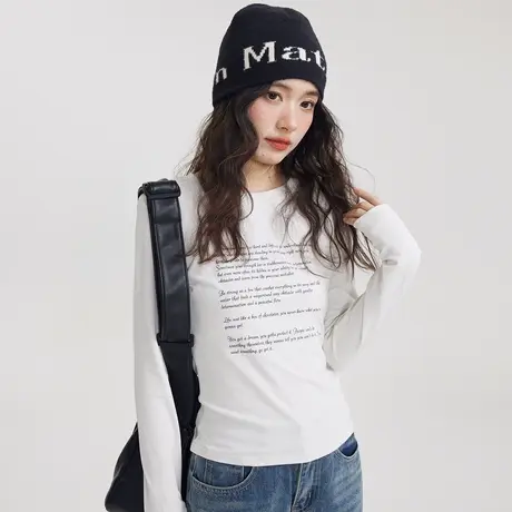 尔给美式小众小个子别致气质短款上衣女秋季2023新款杏色正肩t恤商品大图