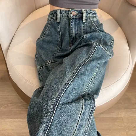 美式大口袋拼接阔腿牛仔裤春秋女2025年新款宽松高腰拖地直筒裤子商品大图