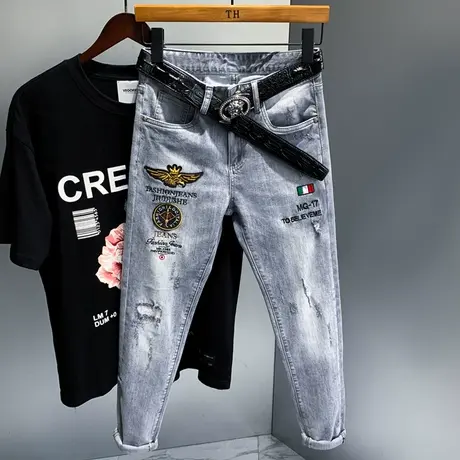 秋季灰色破洞牛仔裤男修身小脚刺绣韩版潮流男士弹力磨破长裤子男商品大图