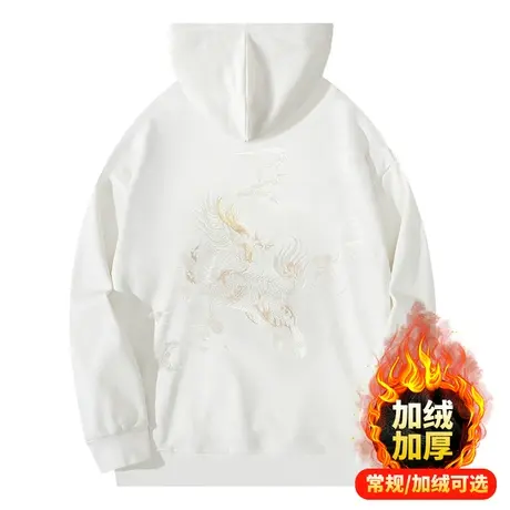 国潮麒麟刺绣连帽卫衣加绒加厚男秋冬季帽衫套头上衣潮流宽松外套商品大图