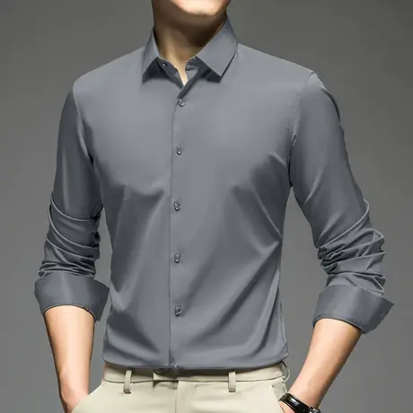 休闲衬衫男长袖2024新款秋季商务正装免烫抗皱灰色衬衣高级感寸衫商品大图