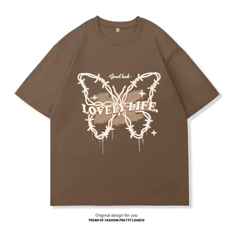 VR真维斯咖色短袖t恤女夏季2023新款纯棉宽松美式复古高街上衣潮V商品大图