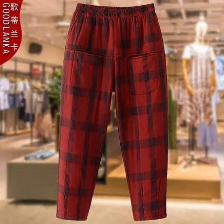 中年胖妈妈冬装加厚保暖羽绒棉裤大码宽松时尚中老年人格子棉裤女商品大图