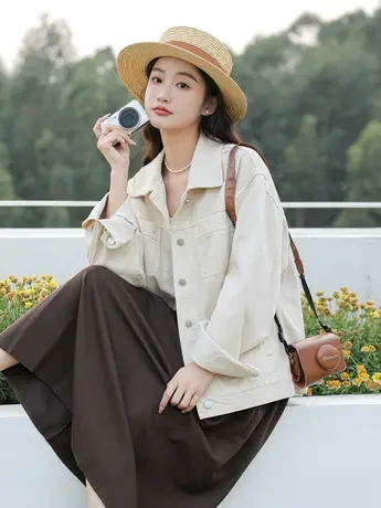 秋冬米白色牛仔外套女宽松bf慵懒风百搭复古大码工装夹克紫色上衣商品大图