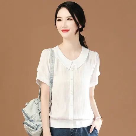 韩潮袭人法式娃娃领短袖白色雪纺衫女夏新款泡泡袖衬衫设计感小众图片