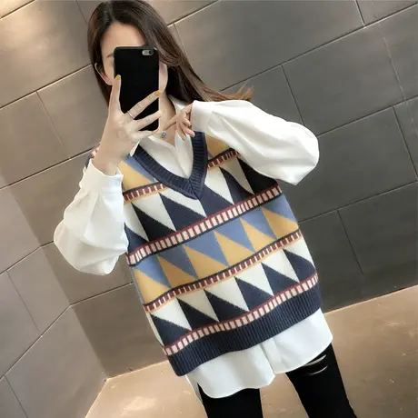 文艺范三角提花针织马甲女秋冬新款V领套头无袖坎肩拼色宽松背心商品大图