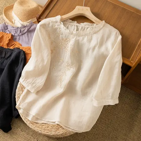 享永子中袖刺绣苎麻上衣女文艺复古宽松气质棉麻小衫2023夏季新款图片