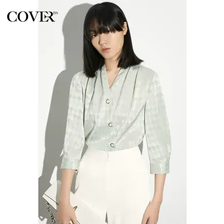 COVER夏季千鸟格法式围裹式V领衬衫商品大图