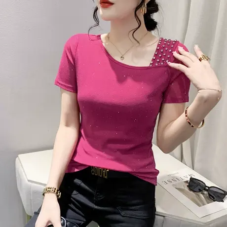 欧货性感网纱T恤女短袖设计感钉珠洋气小衫别致修身百搭上衣夏装图片