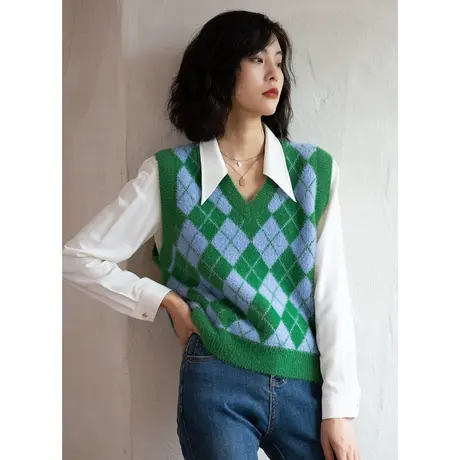 弥古撞色菱格针织马甲女秋冬外穿仿貂毛毛衣背心叠穿内搭显瘦上衣图片