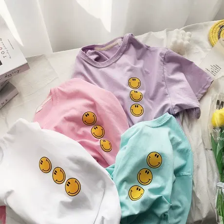 ins笑脸T恤2021春夏新款韩国东大门糖果色体恤衫短袖内搭学生姐妹图片