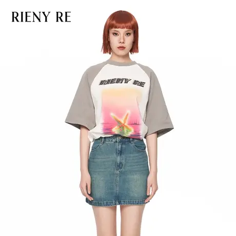 RIENYRE短袖T恤女2023夏季新款辣妹情侣印花衬衫纯棉宽松薄款上衣图片