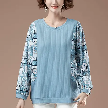 长袖t恤女春季加肥加大码女装宽松中年妈妈洋气雪纺拼接打底衫女商品大图