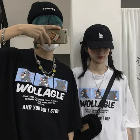 2024年新款夏季韩版ins卡通印花情侣T恤宽松圆领白色短袖上衣女潮商品大图