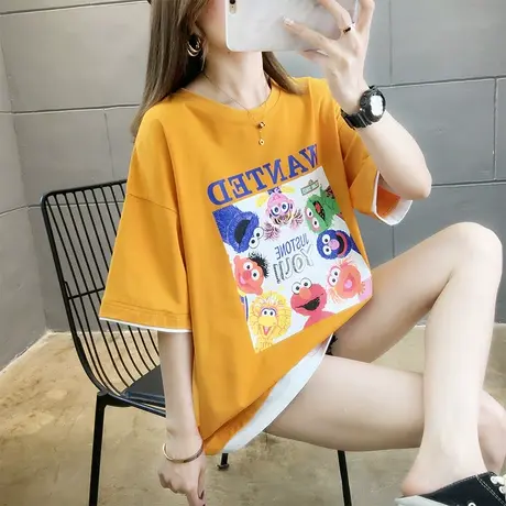 网红ins超火短袖t恤女韩版宽松心机小众设计感假两件百搭上衣服潮商品大图