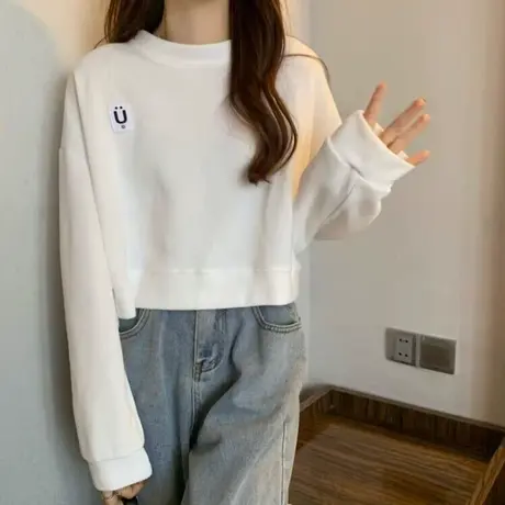 加绒加厚无帽圆领卫衣女秋冬季宽松百搭小个子短款长袖上衣外套潮图片