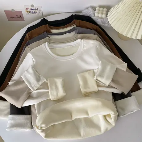 长袖T恤女卫衣叠穿打底衫2024秋冬内搭秋衣学生加绒加厚保暖上衣图片
