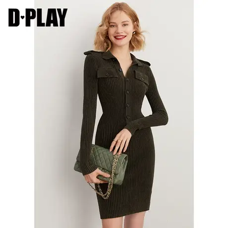 DPLAY秋装新款工装风对称袋盖装饰小翻领橄榄绿修身针织连衣裙图片