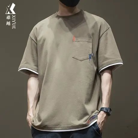 希越潮牌280g重磅全棉短袖t恤男假两件夏季口袋t宽松大码纯色体恤商品大图