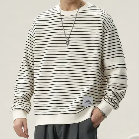 2024新款男士春天条纹长袖卫衣春季中性风重磅圆领T恤春秋款上衣商品大图