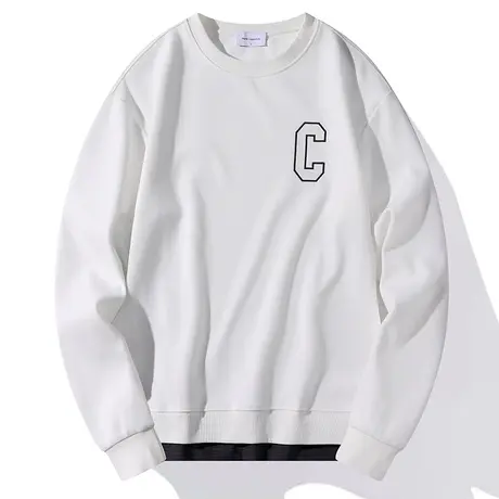 春季新款潮流时尚长袖卫衣男士纯色简约圆领无帽白T恤上衣男打底商品大图