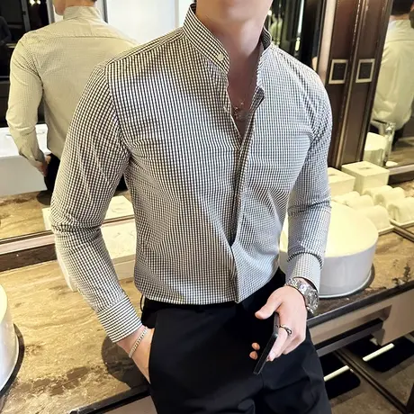 英伦风格纹衬衫男长袖暗门襟立领衬衣休闲痞帅内搭寸衣外出小外套商品大图