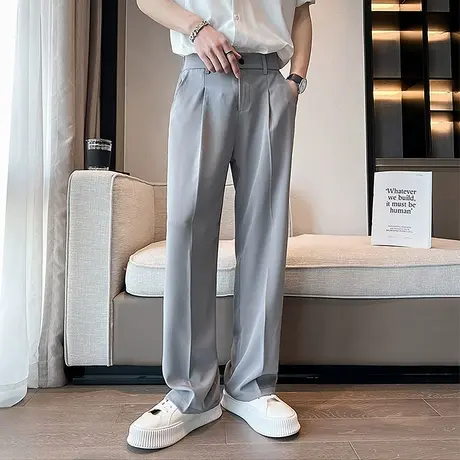 春夏薄款冰丝垂感阔腿西裤男痞帅加长拖地裤宽松直筒白色休闲裤潮商品大图