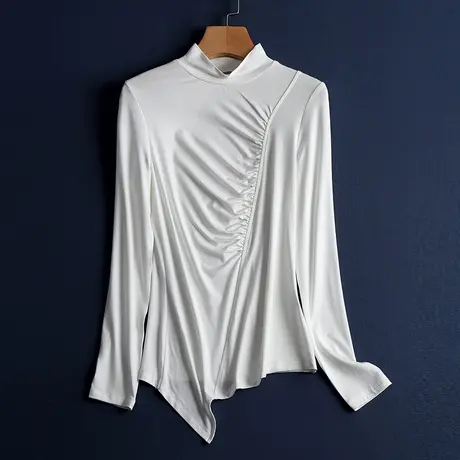 不等式t恤女上衣 不规则设计潮流性感胸前皱褶结构不对称打底衫图片
