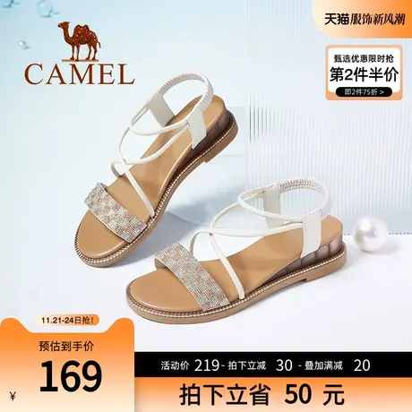 骆驼女鞋2023夏季新款仙女风ins时装凉鞋女露趾平跟时尚休闲凉鞋图片