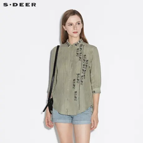 sdeer圣迪奥夏装休闲翻领立体绣花亚麻长袖衬衫S21280506图片