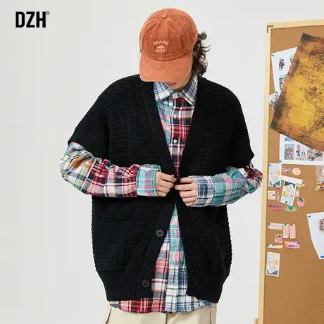 男生V领短袖针织衫男秋冬款开衫毛衣男款潮牌黑色上衣2024新款潮商品大图