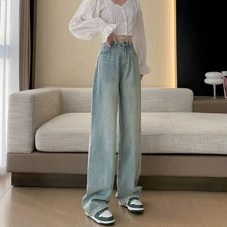 窄版高腰阔腿牛仔裤女秋冬季2024新款遮胯显瘦小个子拖地直筒长裤商品大图
