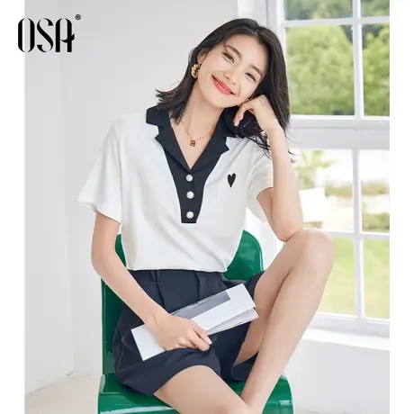 OSA欧莎白色Polo领撞色短袖t恤女夏季2023年新款轻薄正肩上衣体恤图片