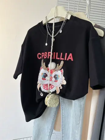 重工手缝水钻老虎春秋冬磨毛棉加厚女款半袖打底宽松短袖宽松T恤商品大图