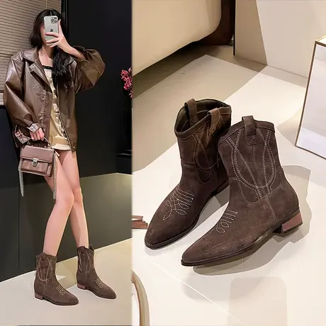 西部牛仔靴女2024年秋冬新款复古显瘦尖头短靴粗跟瘦瘦靴平底单靴图片