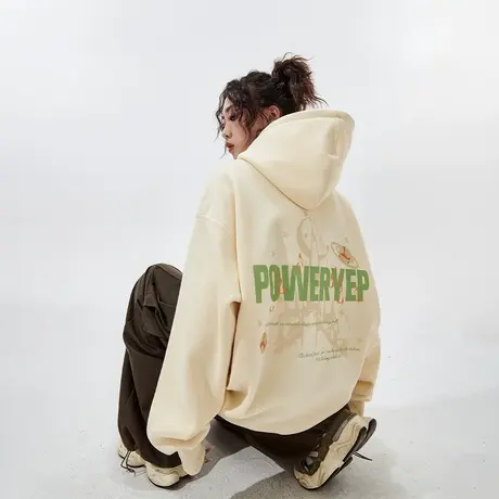 YEP奶黄色连帽卫衣女春秋2024新款美式复古潮牌印花宽松外套上衣商品大图