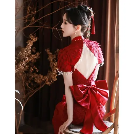 露背敬酒服新娘2023新款高级感蕾丝订婚礼服女夏季红色蝴蝶结修身商品大图