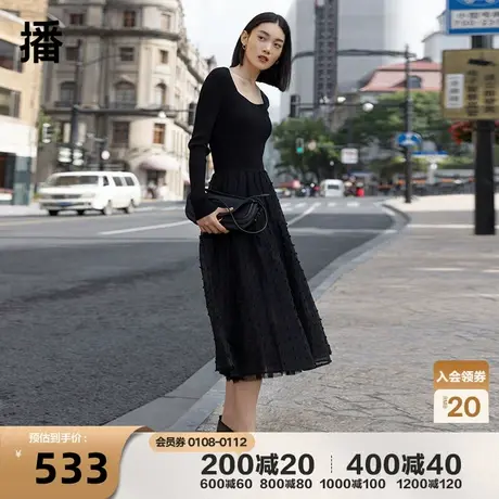 播2023夏季新款小众修身简约收腰休闲长袖连衣裙女DDQ2LD5017图片