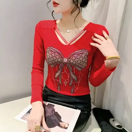 设计感网纱V领镂空重工烫钻上衣打底衫气质减龄内塔长袖修身T恤女图片